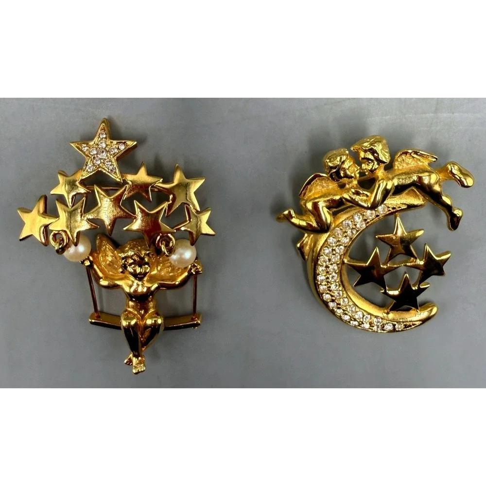 Vintage Gold Tone Cherub Brooch Set Celestial Moon Stars Faux Pearl Rhinestone